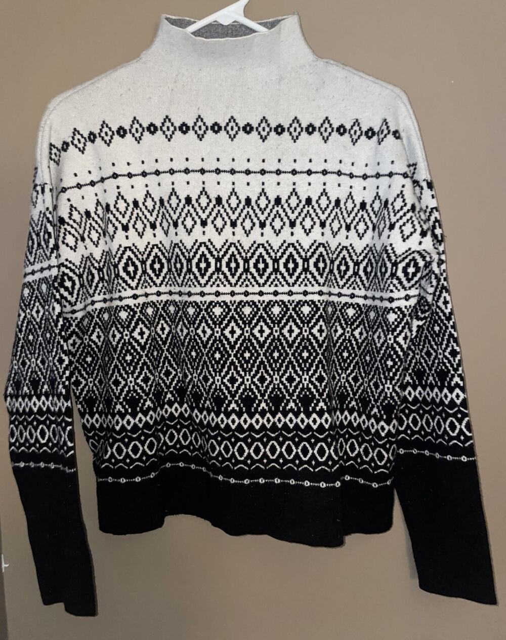 Joie Preppy Nordic Fair Isle Cream Black Mock Neck Soft Cozy Sweater Women's M
